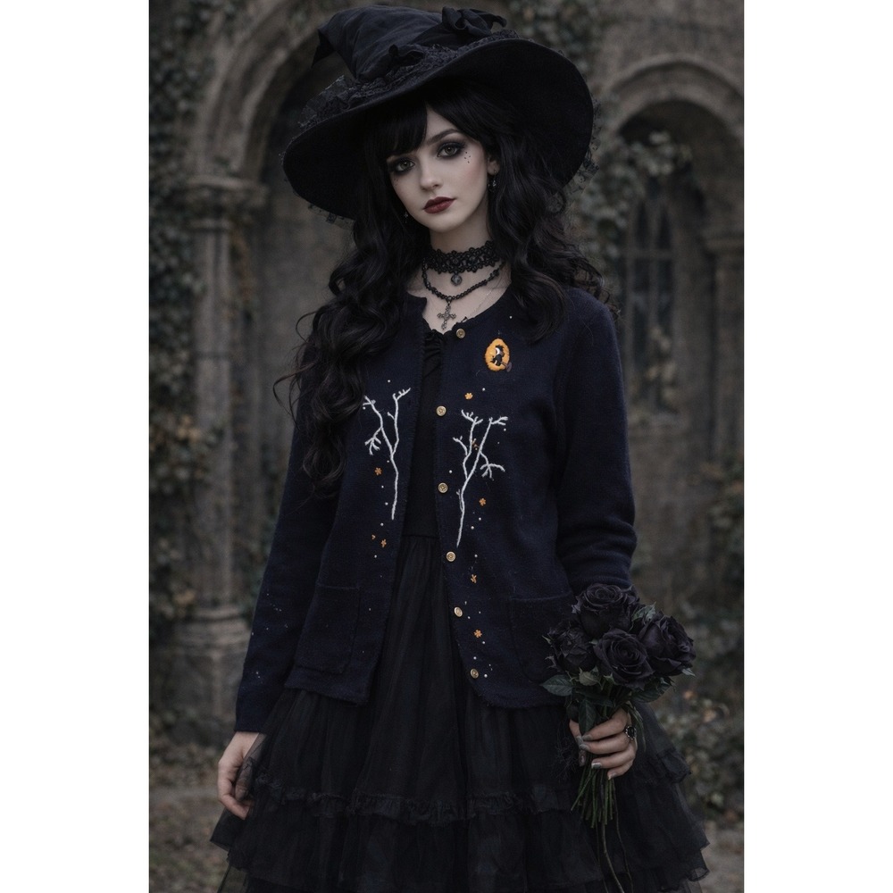 Vintage Tally-Ho Halloween Witch Cardigan Sweater Black Embroidered Plus 3X